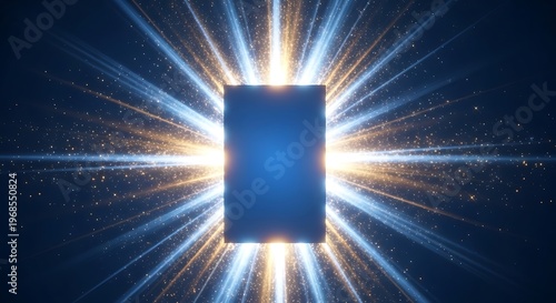 A glowing rectangular portal emitting radiant light beams against a starry cosmic background