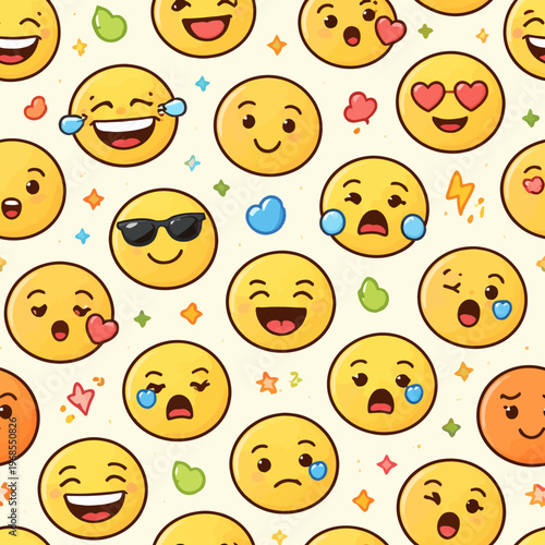Colorful pattern of diverse emoji expressions on light background