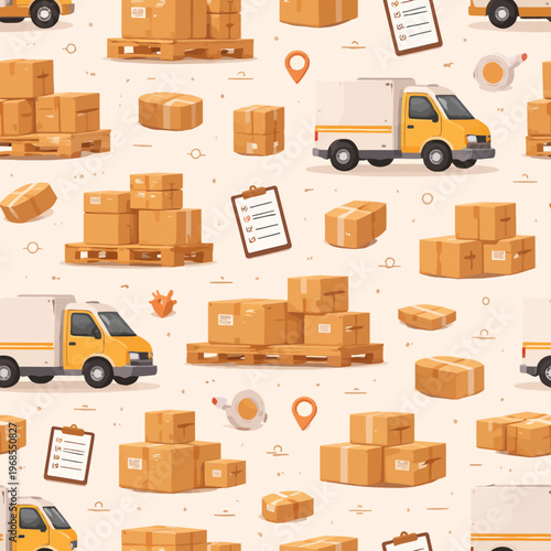 Seamless pattern of delivery trucks and cardboard boxes with clipboards and maps