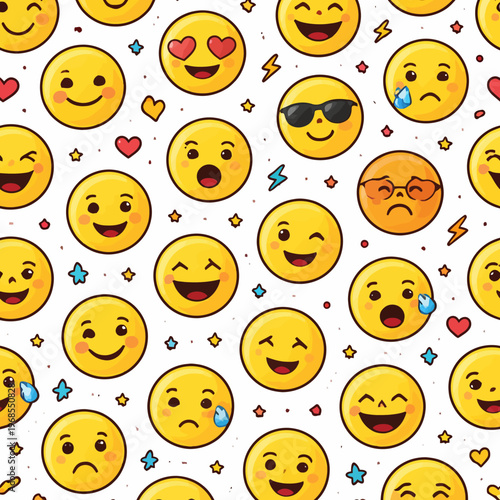 Seamless pattern of cute emoticons expressing various emotions