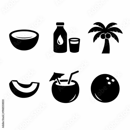 Coconut icons: bowl, bottle, palm tree, slice, drink, whole