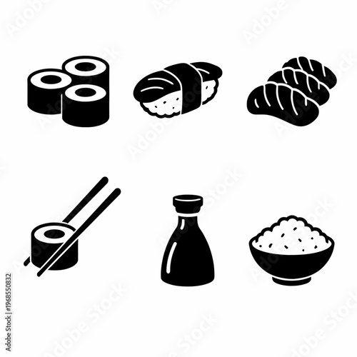 Sushi icons: maki, nigiri, rice bowl, soy sauce bottle, chopsticks, bread
