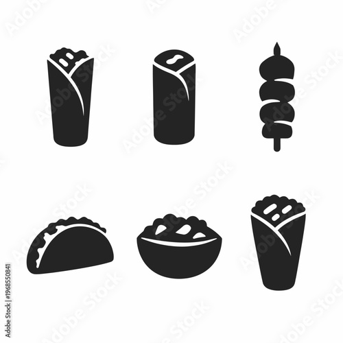 Silhouette icons of global street food: wraps, skewers, taco, and bowl