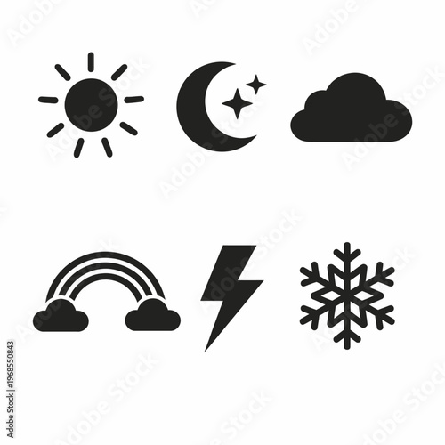 Black weather icons of sun moon cloud rainbow lightning and snowflake
