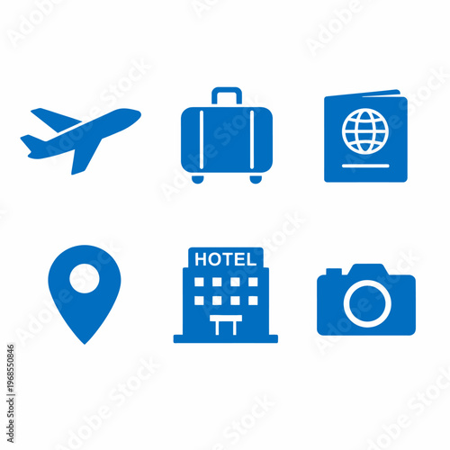 Travel icons featuring airplane passport luggage location hotel camera