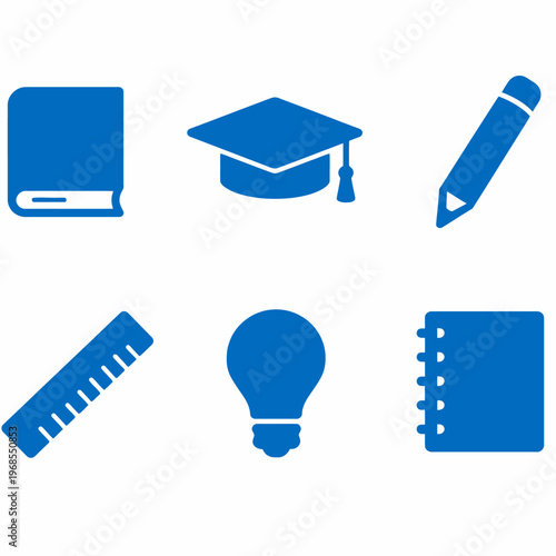 Educational icons set: book, graduation cap, pencil, ruler, light bulb, notebook