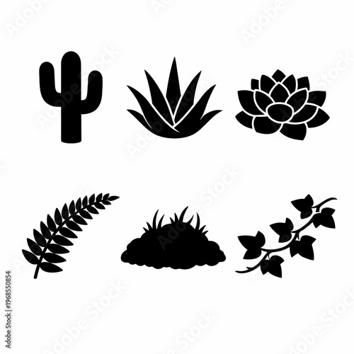 Silhouette set of various plant icons including cactus, aloe, succulent, fern, grass, and ivy