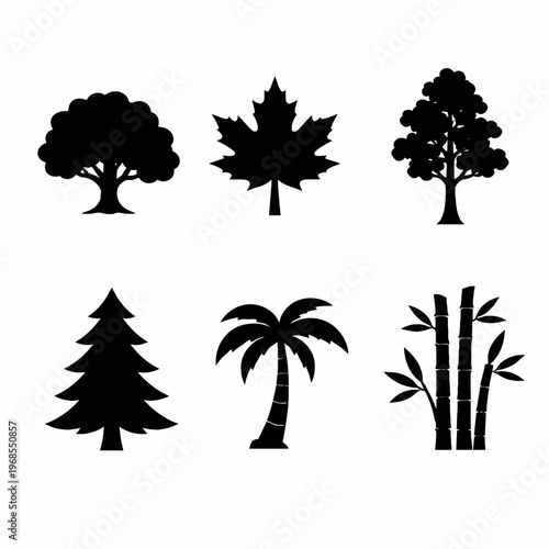 Silhouette icons of six distinct tree species