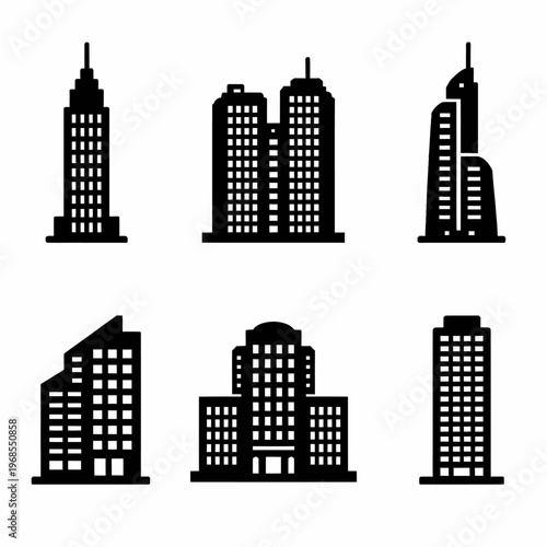 Set of six black silhouettes of skyscraper icon designs
