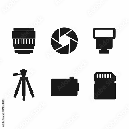 Photography equipment icons: lens, shutter, flash, tripod, camera, memory card