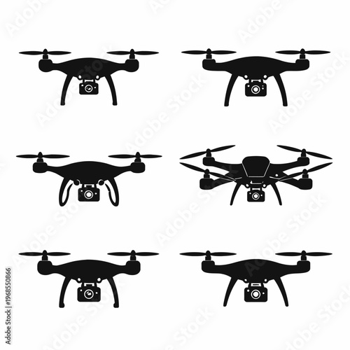Silhouette collection of various drones with cameras