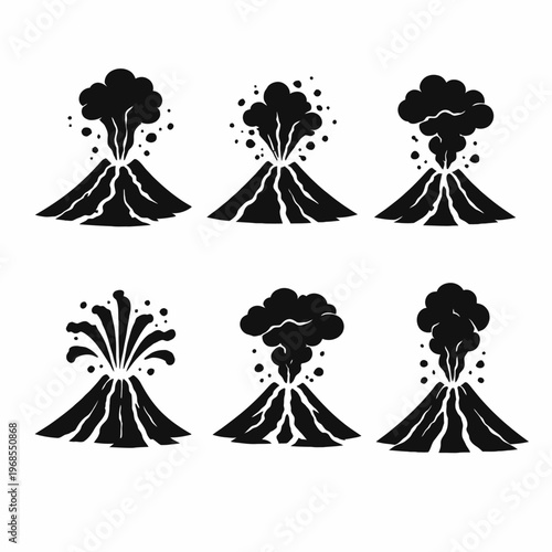 Volcanic eruption silhouettes: explosive stages and patterns in iconic black designs
