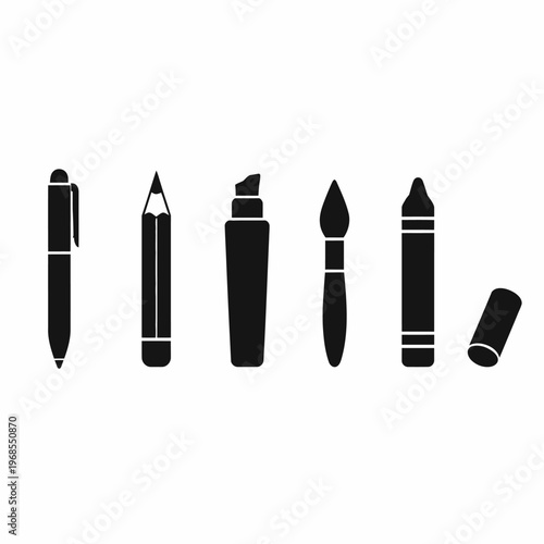 Black silhouette icons of pen, pencil, marker, paintbrush, and crayon on white background