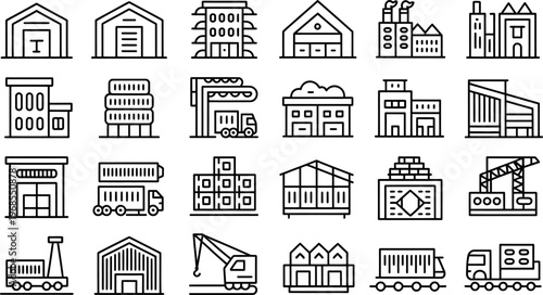 Collection of various industrial and construction building icons isolated on transparent background