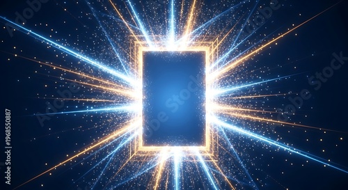 Abstract digital portal with glowing rectangular frame and radiant light beams against a starry cosmic background