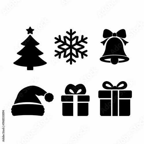 Christmas icons silhouettes: tree, snowflake, bell, santa hat, gifts in black and white