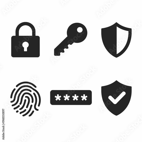 Security icons set: lock, key, shield, fingerprint, password, checkmark