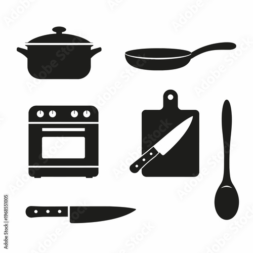 Kitchen utensils and appliances: pot, pan, stove, cutting board, knife, spoon icons
