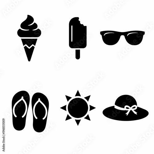 Summer icons: ice cream, sunglasses, flip flops, sun, beach hat, popsicle silhouettes