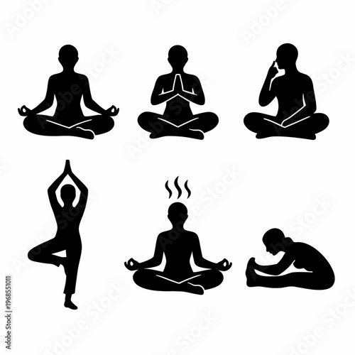 Silhouettes of people in various yoga poses