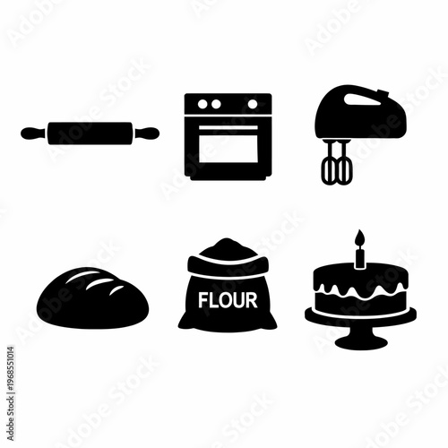 Baking essentials icons: rolling pin, oven, mixer, bread, flour, cake