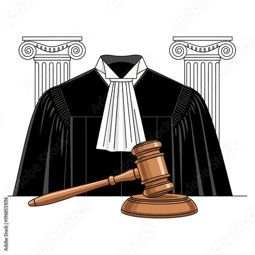 Illustration of judicial robe and gavel on classical columns symbolizing law and justice