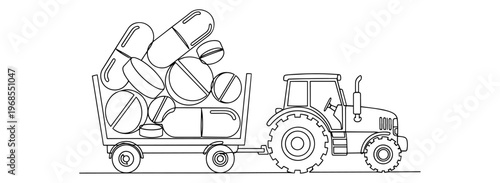 line art illustration of tractor towing agricultural machinery on flatbed trailer in black and white