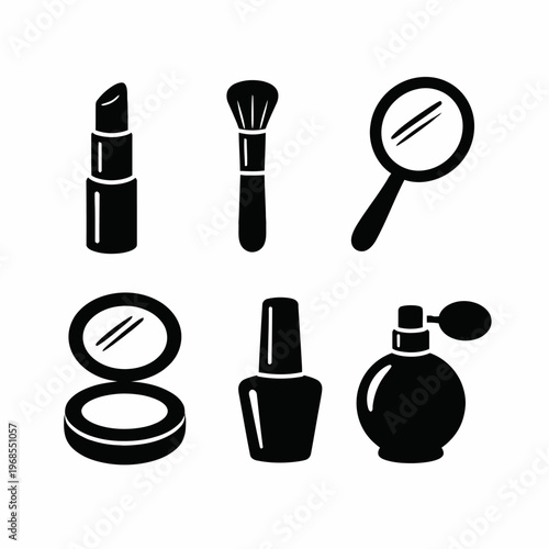 Black silhouettes of makeup essentials: lipstick, brush, mirror, compact, polish, perfume