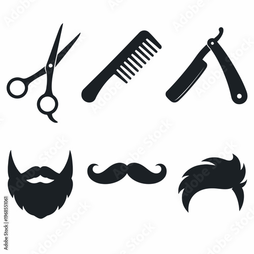 Silhouette icons of haircutting tools and styles: scissors, comb, razor, beard, mustache, hair