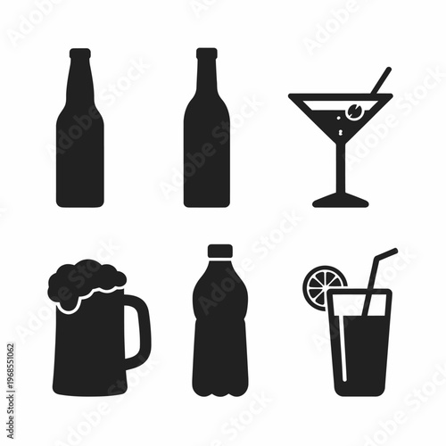 Silhouette icons of bottled drinks, beer mug, martini glass, and cocktail cup