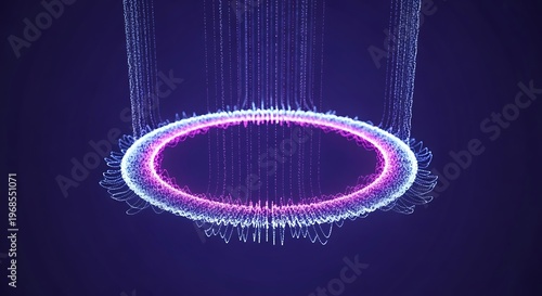 Digital ring of glowing particles with vertical light streams against a dark background