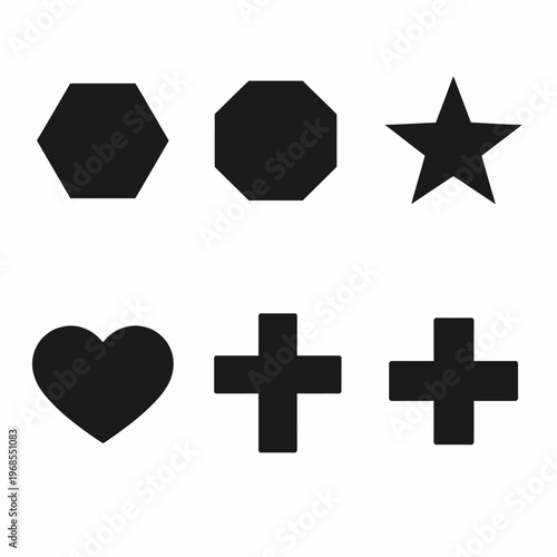 Black geometric shapes on white background: hexagon, octagon, star, heart, cross