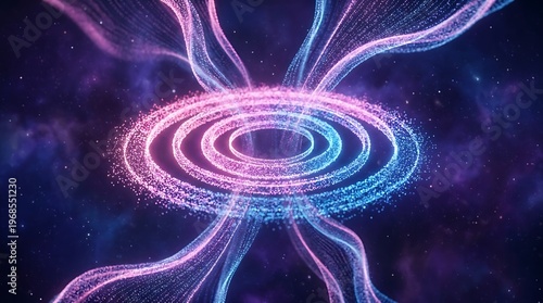 Abstract cosmic energy rings with glowing particle streams in a starry space background