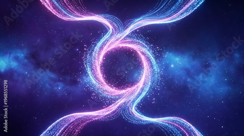 Abstract cosmic swirl of glowing particles forming a dynamic spiral against a starry nebula background