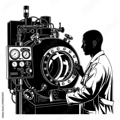 Engineer in lab coat inspecting industrial pressure vessel with gauges and valves in factory setting