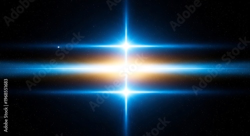 Bright starburst with blue and yellow light rays against a dark background