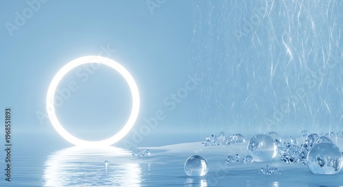 A glowing circular light hovers over a reflective water surface with floating transparent spheres in a serene blue environment.
