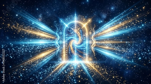 A glowing cosmic portal with radiant light beams and starry background, featuring intricate arch design and swirling energy