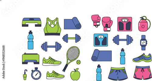 Fitness and Workout Equipment Collection with Dumbbells, Yoga Mats, Water Bottles, Sneakers, and Gym Accessories for Healthy Lifestyle Designs