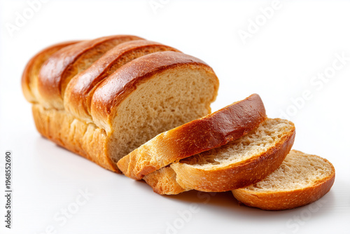 Fresh bread loaf with slices cut on a white background