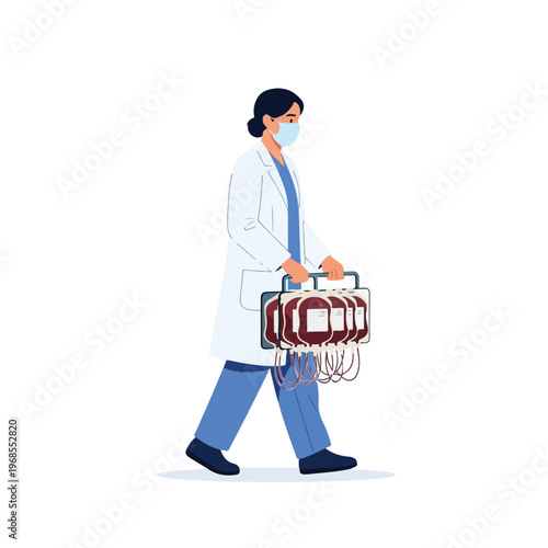 A female doctor wearing a face mask carries a medical bag while walking against a plain white background.