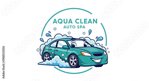 Aqua Clean Auto Spa - Cartoon Car in a Bubble Bath.