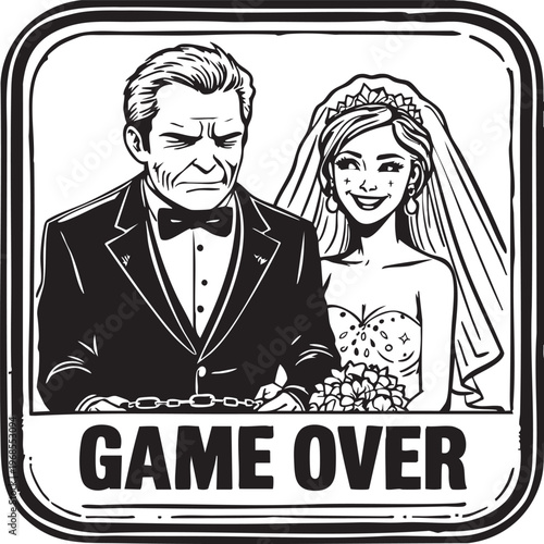 Sad groom and happy bride in wedding attire with chains and game over text