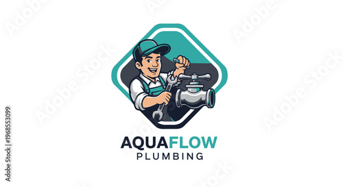 AquaFlow Plumbing Logo featuring a Cartoon Plumber with Wrench and Pipe.