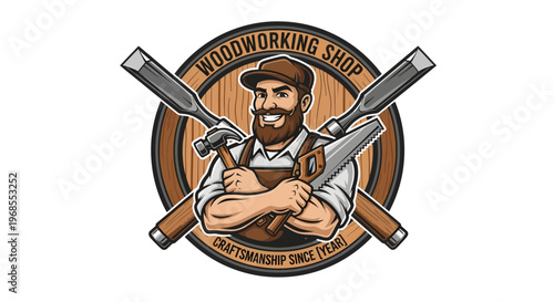 Bearded Woodworker with Tools in a Woodworking Shop Logo.