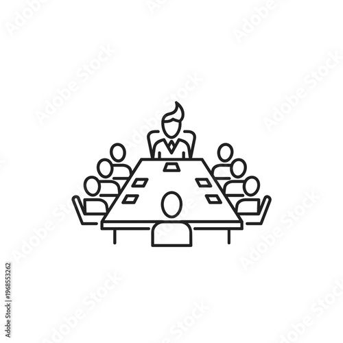 Business meeting with one speaker and seven participants around table  