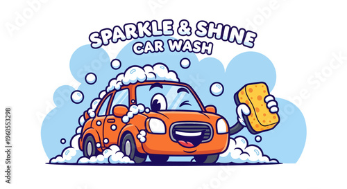 Cartoon car with a happy face covered in soap suds holding a sponge at a car wash.