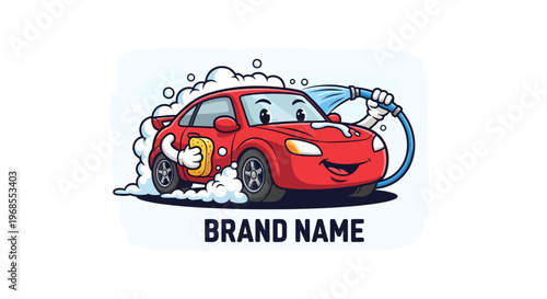 Cartoon red car character being washed with soap suds and water hose.