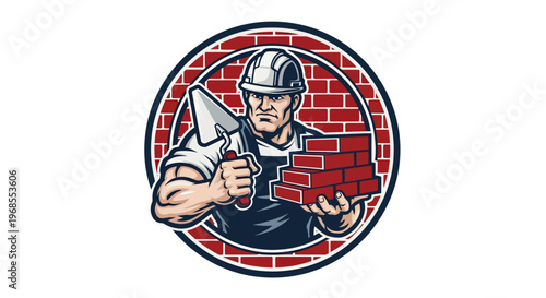 Construction worker holding bricks and trowel illustration.