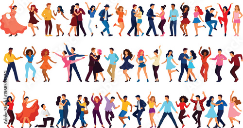 Diverse dancing people character set. Solo dancers and couple performers. Various dance styles and party crowd. Vector illustration.